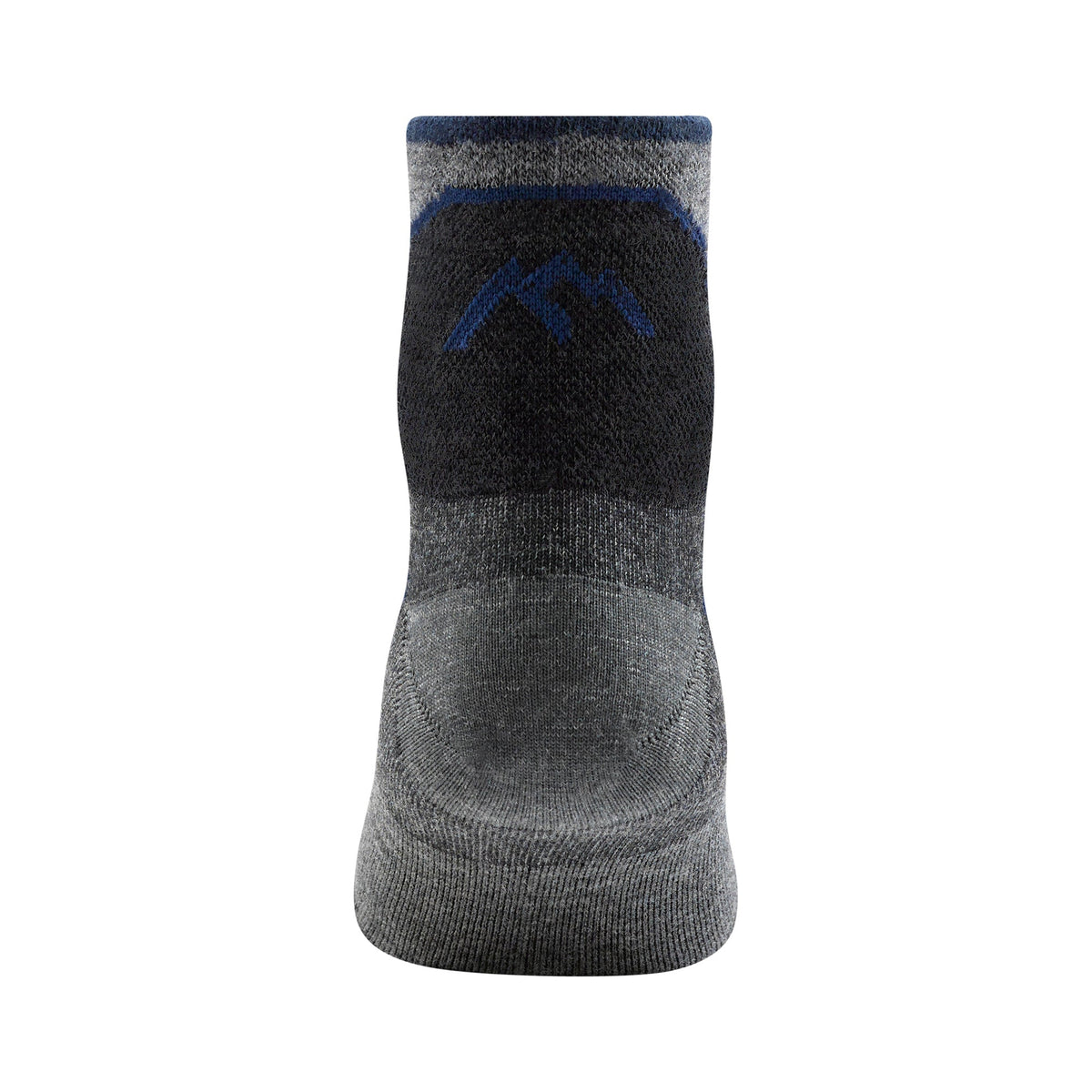 Charcoal merino quarter crew running socks with black arch panel and blue top band