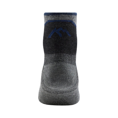 Charcoal merino quarter crew running socks with black arch panel and blue top band