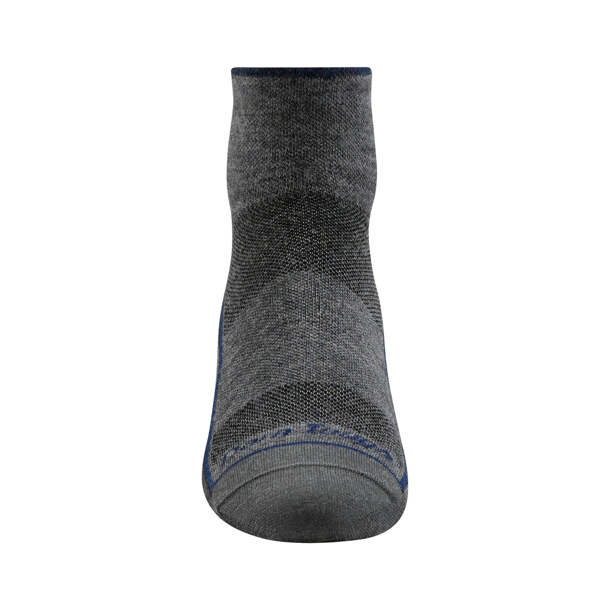 Charcoal merino quarter crew running socks with blue heel seam and cushioned toe