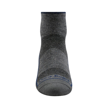 Charcoal merino quarter crew running socks with blue heel seam and cushioned toe