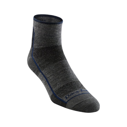 Charcoal merino quarter crew running socks with blue contrast trim and cushioned sole