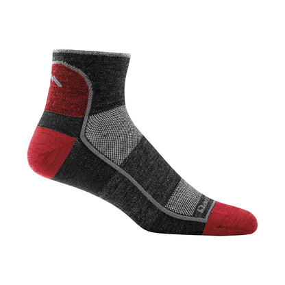 Dark charcoal quarter crew merino wool socks with red heel-toe panels and gray arch