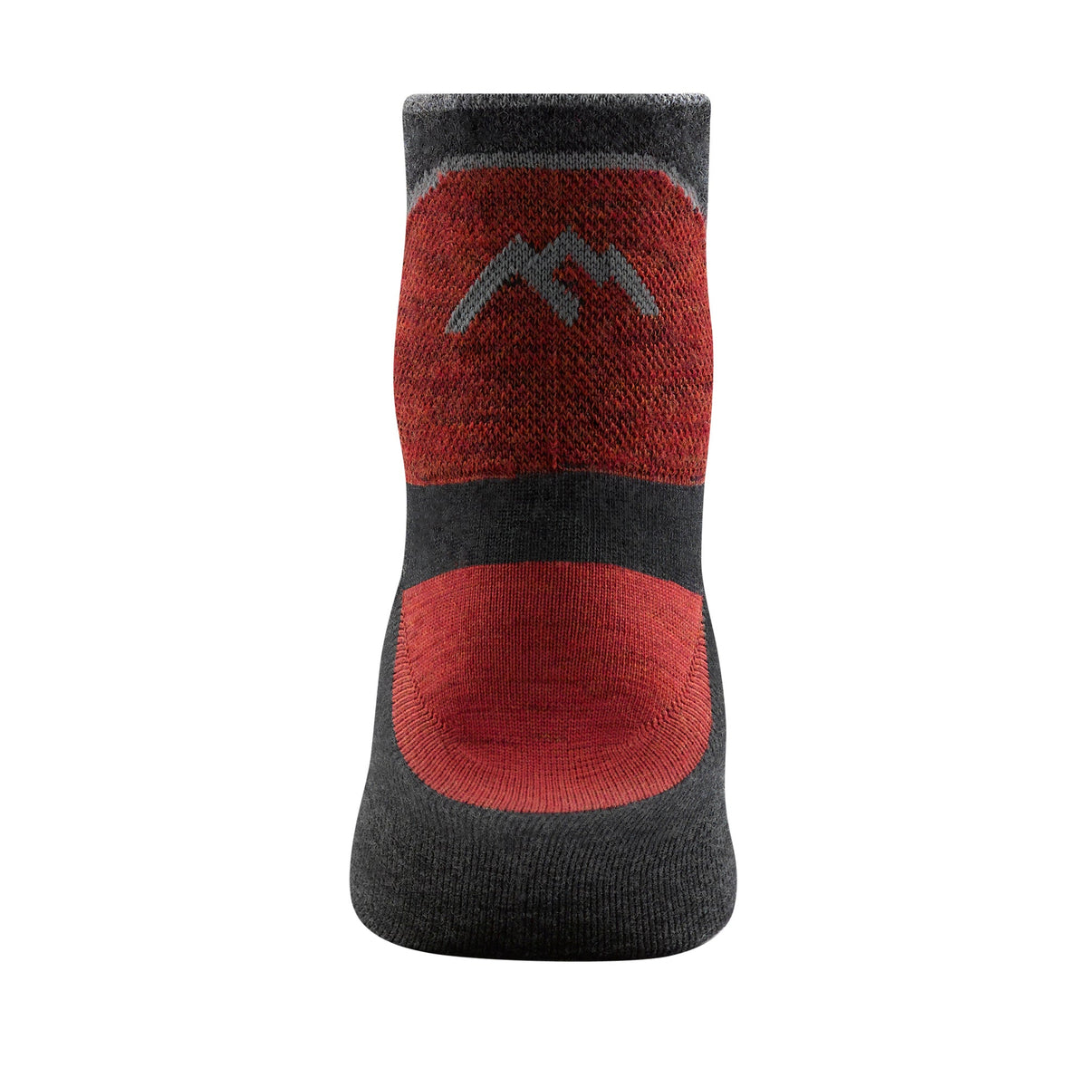 Quarter crew merino socks in dark charcoal with red upper stripe and logo-style mark