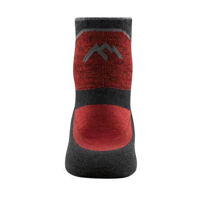 Quarter crew merino socks in dark charcoal with red upper stripe and logo-style mark