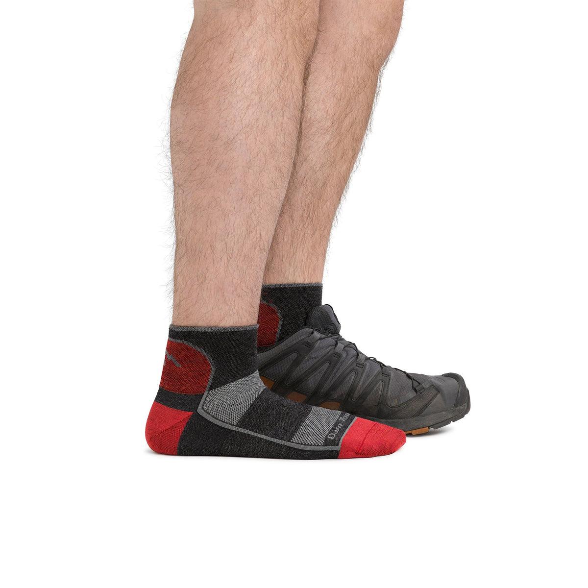 Men's quarter crew merino running socks in charcoal with red heel and midfoot panels