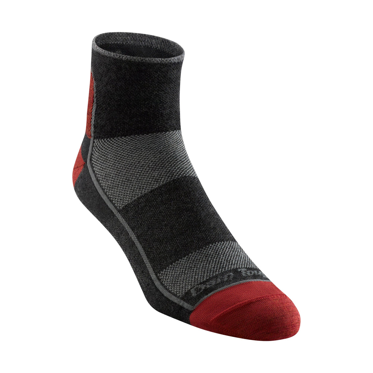 Charcoal and black quarter crew merino socks with red heel cap and gray midfoot panel