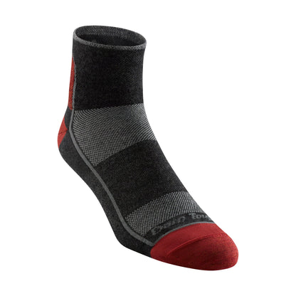 Charcoal and black quarter crew merino socks with red heel cap and gray midfoot panel