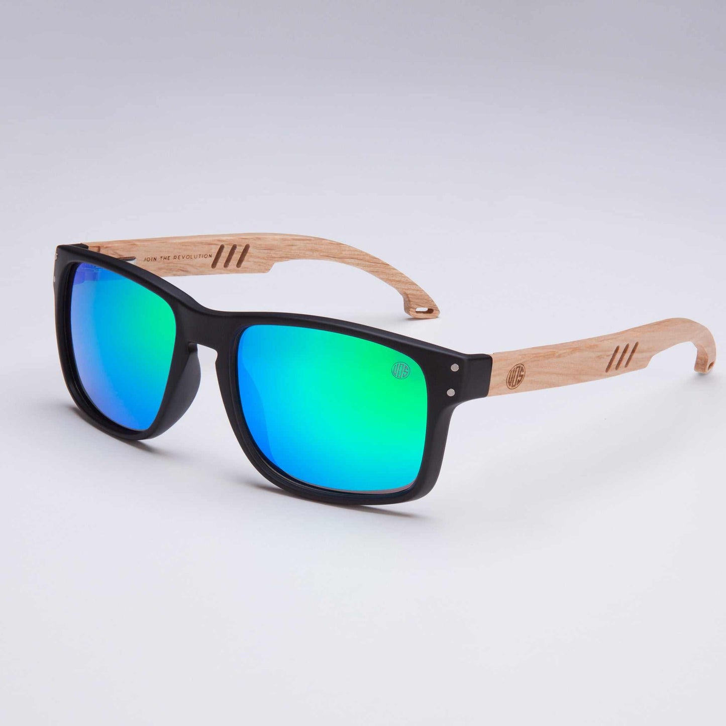 Men’s polarized sunglasses with real wood arms, black frames and green mirrored lenses.