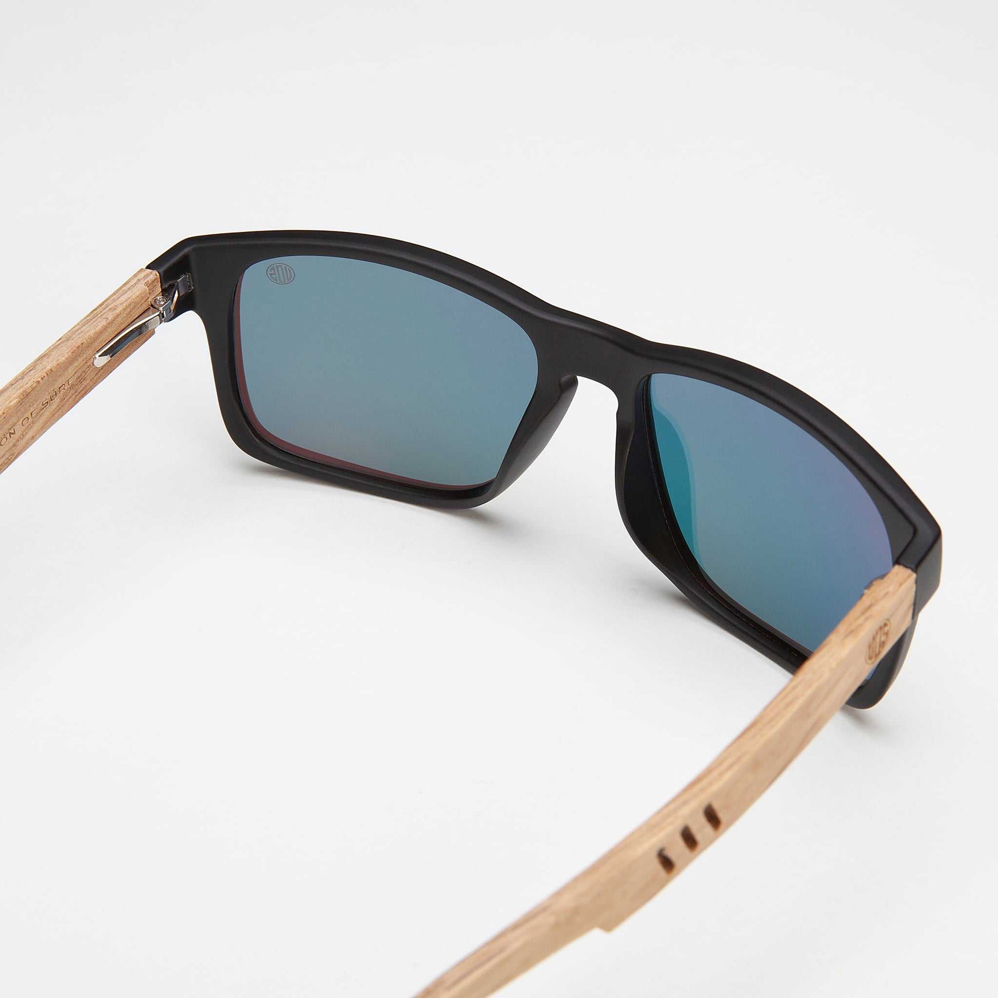 Bells Beach men's polarised sunglasses, black frame, blue mirror lenses, wood arms