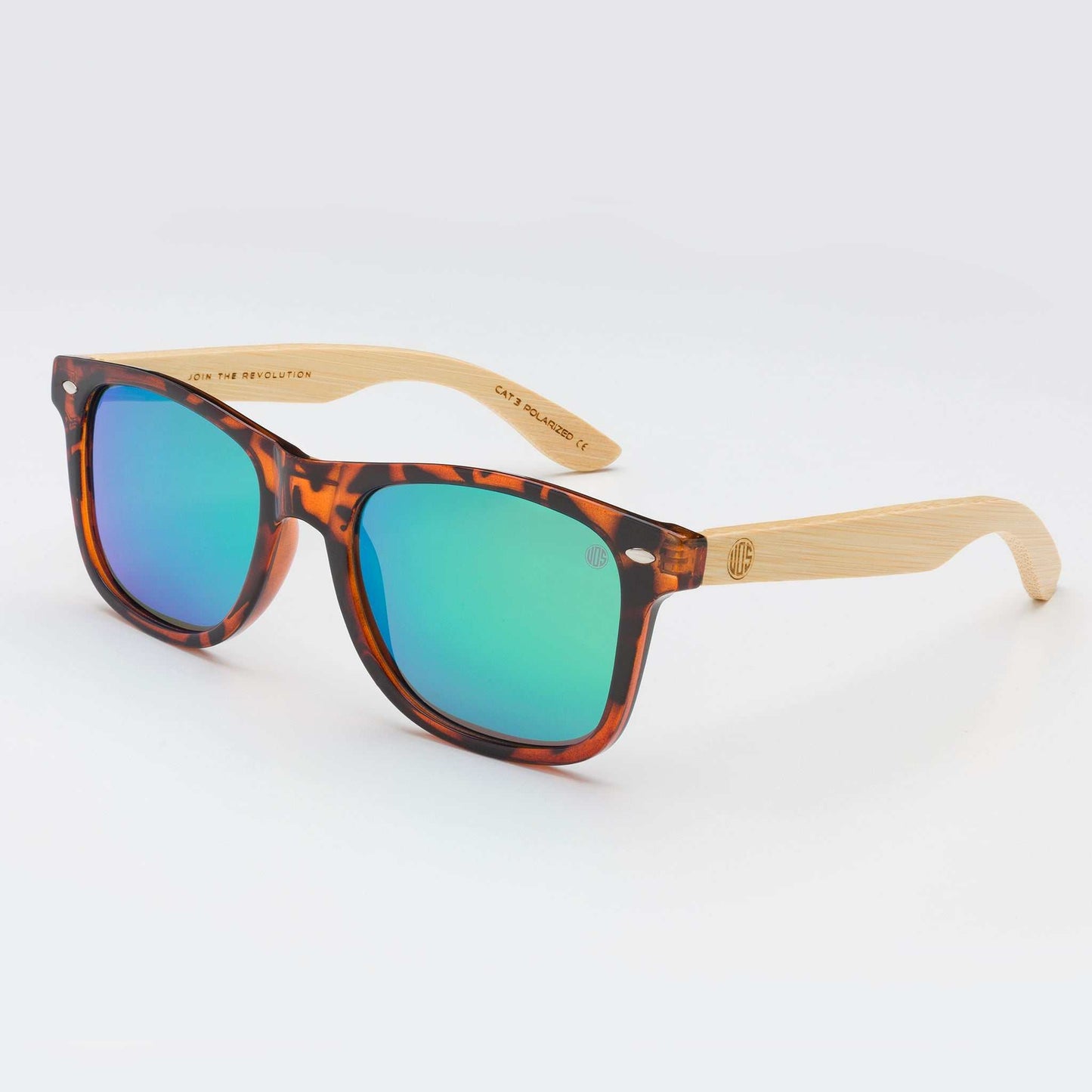 Sunglasses with tortoise acetate frames and teal mirrored lenses, wood-look arms