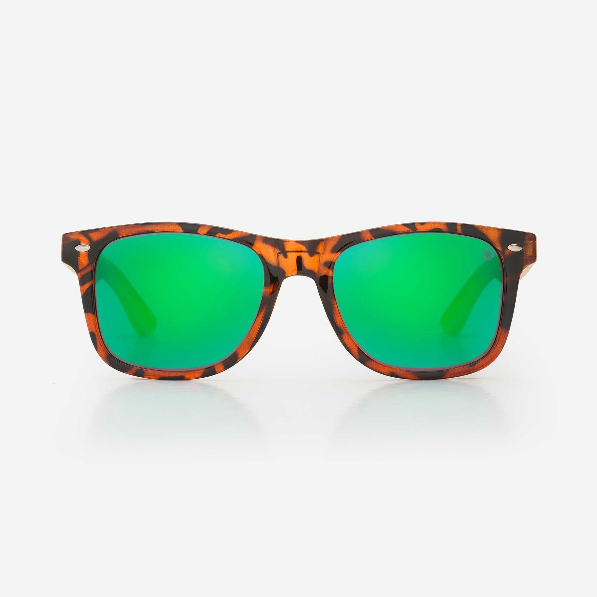 Tortoise acetate sunglasses with green mirrored lenses and rounded square shape