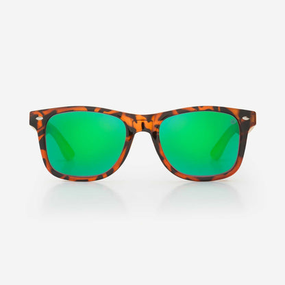 Tortoise acetate sunglasses with green mirrored lenses and rounded square shape