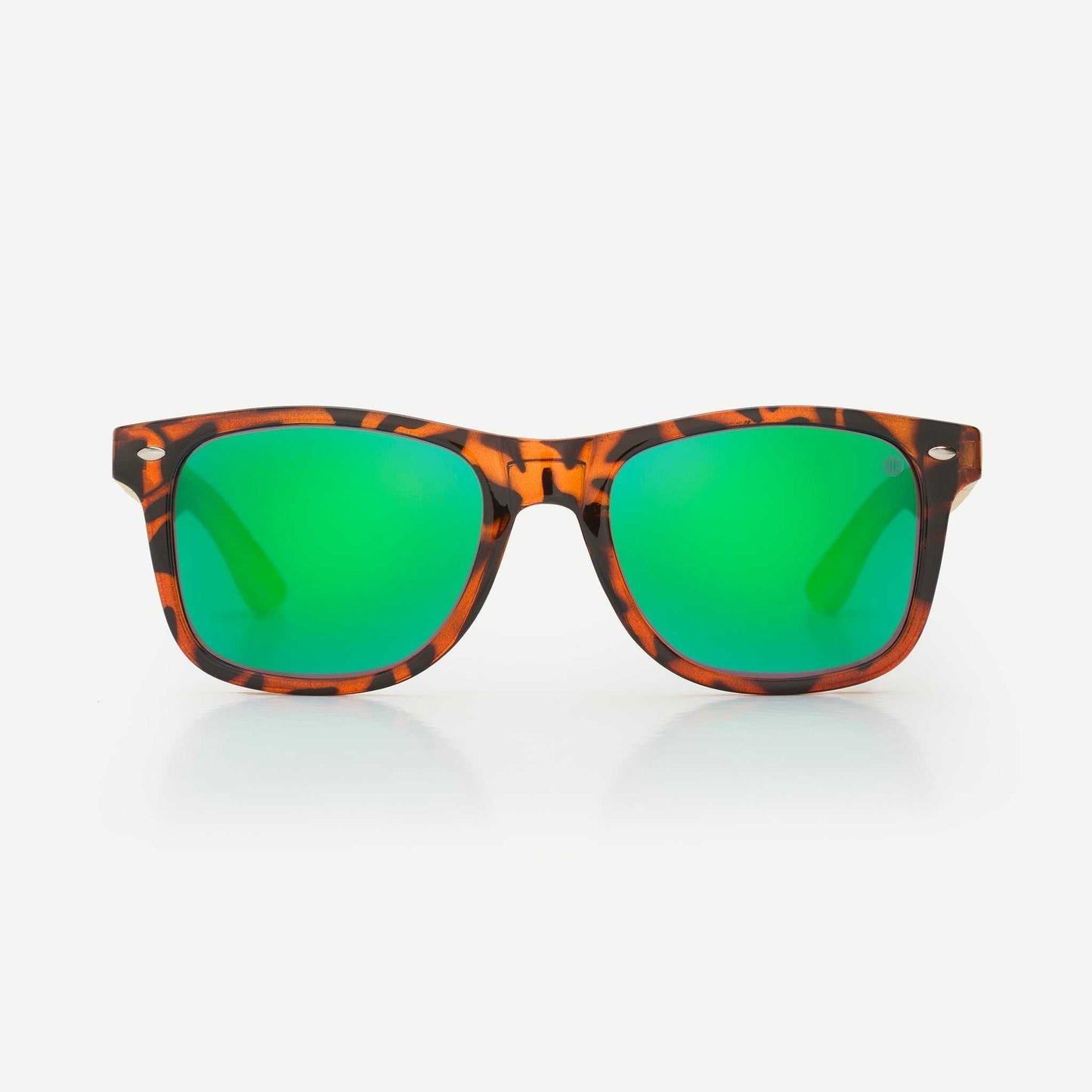 Sunglasses with tortoise acetate frames and green mirrored lenses, front view