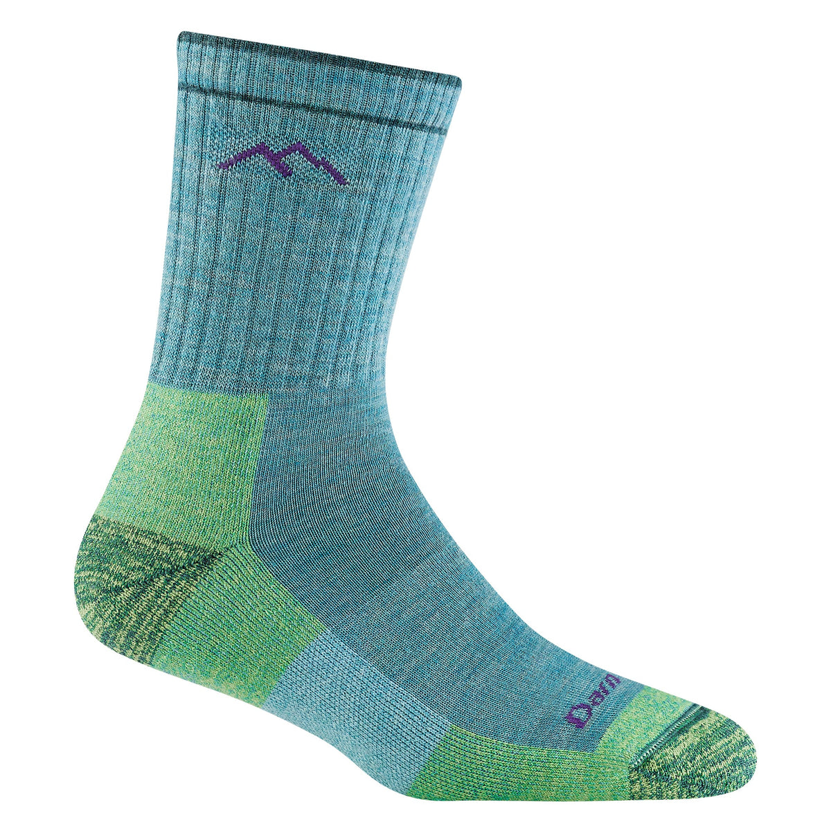 Teal micro crew hiking socks with green heel and toe panels