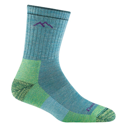 Teal micro crew hiking socks with green heel and toe panels