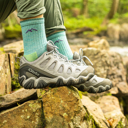 Cushioned midweight hiking merino wool socks, aqua and green with logo, crew length