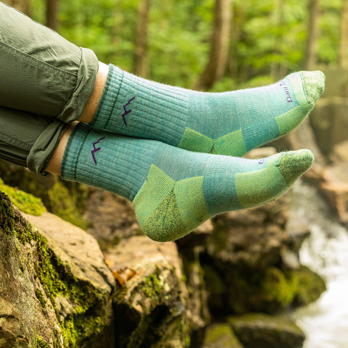 Cushioned midweight hiking merino wool socks, aqua and green crew socks with logo
