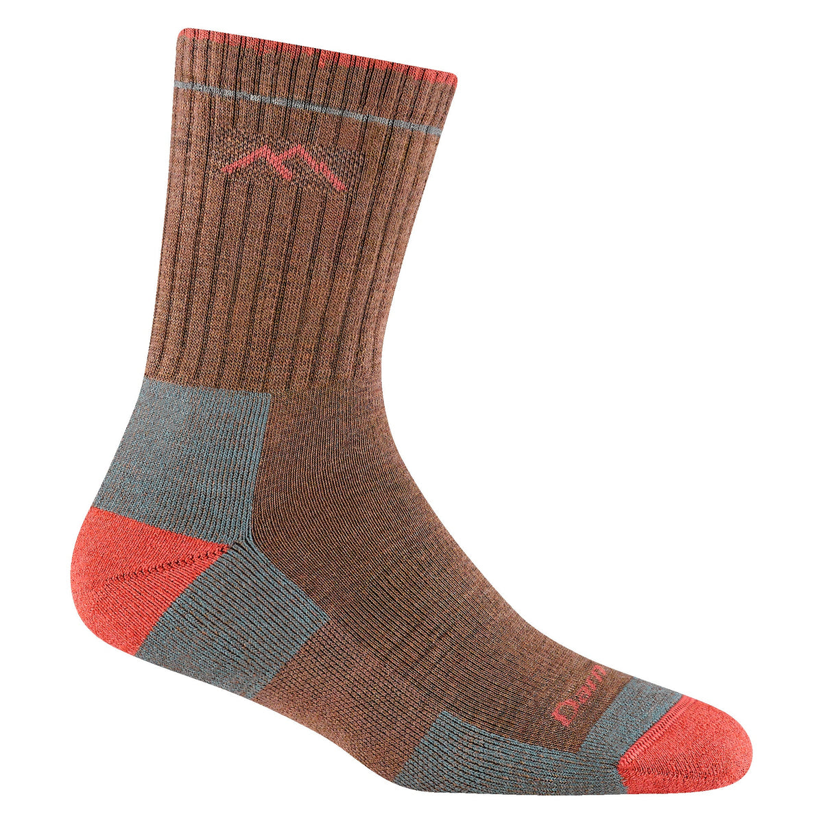 Brown micro crew hiking merino wool socks with red toe and blue accents