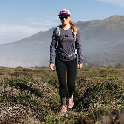 Tan micro crew hiking socks visible above hiking shoes