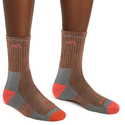 Brown micro crew hiking merino wool socks with blue panels and red toe