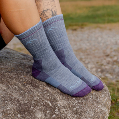 Micro crew hiking socks in light blue with purple heel and toe panels