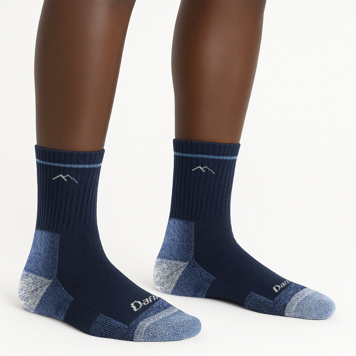 Navy micro crew hiking merino wool socks with light blue heel and toe panels