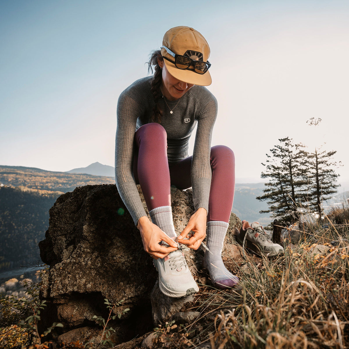 Light gray micro crew hiking socks under hiking shoes