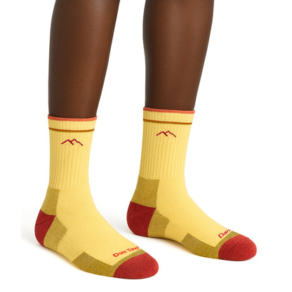Yellow micro crew hiking merino wool socks with red heel, toe, and cuff stripes