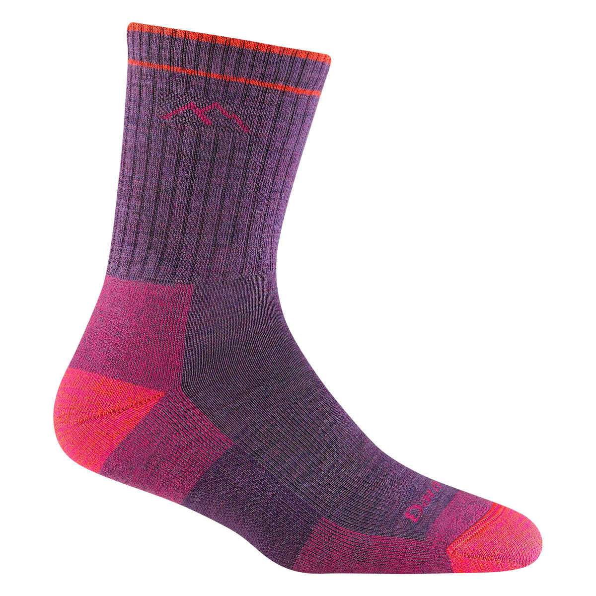 Plum micro crew hiking socks with red accents and mountain logo
