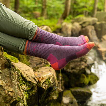 Plum micro crew hiking socks with red patterns and cushioned foot