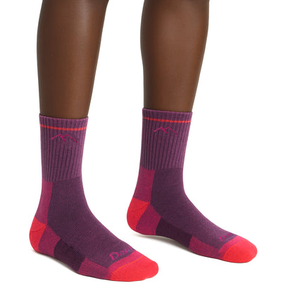 Plum micro crew hiking socks with red heel and toe panels, pair view