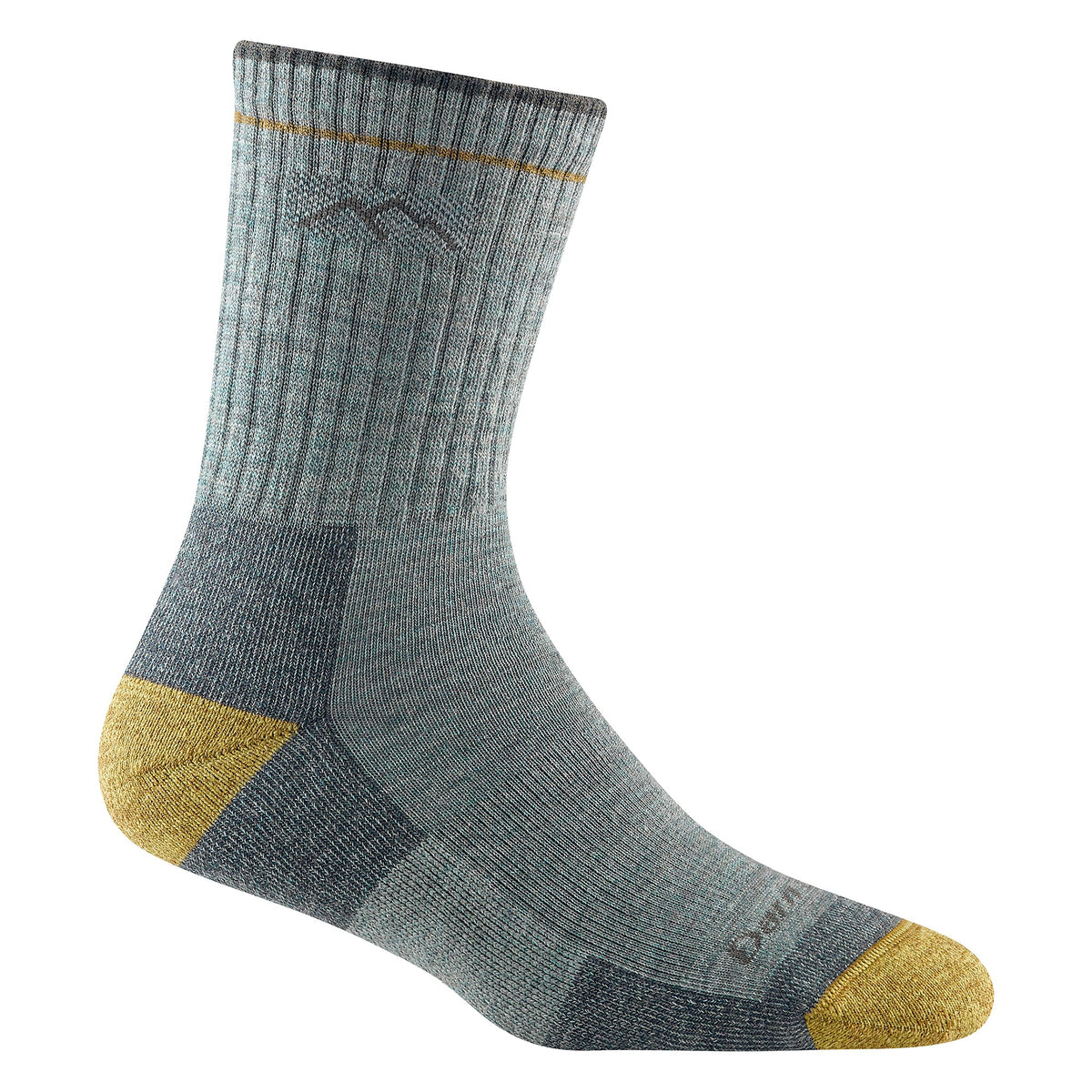 Micro crew hiking socks in heather gray with yellow accents at heel and toe