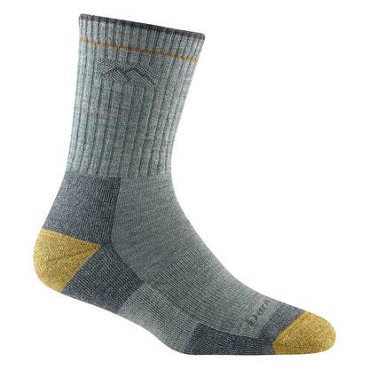 Micro crew hiking socks in heather gray with yellow accents at heel and toe