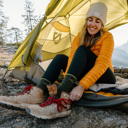 Micro crew hiking socks in dark green with purple heel/toe and yellow logo