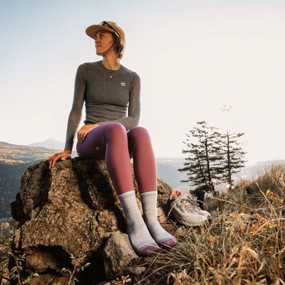 Micro crew hiking socks in light gray with ribbed cuff and cushioned foot