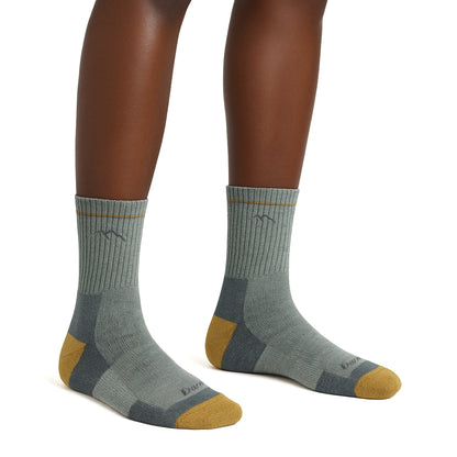 Micro crew hiking socks in heather gray with yellow heel and toe contrast
