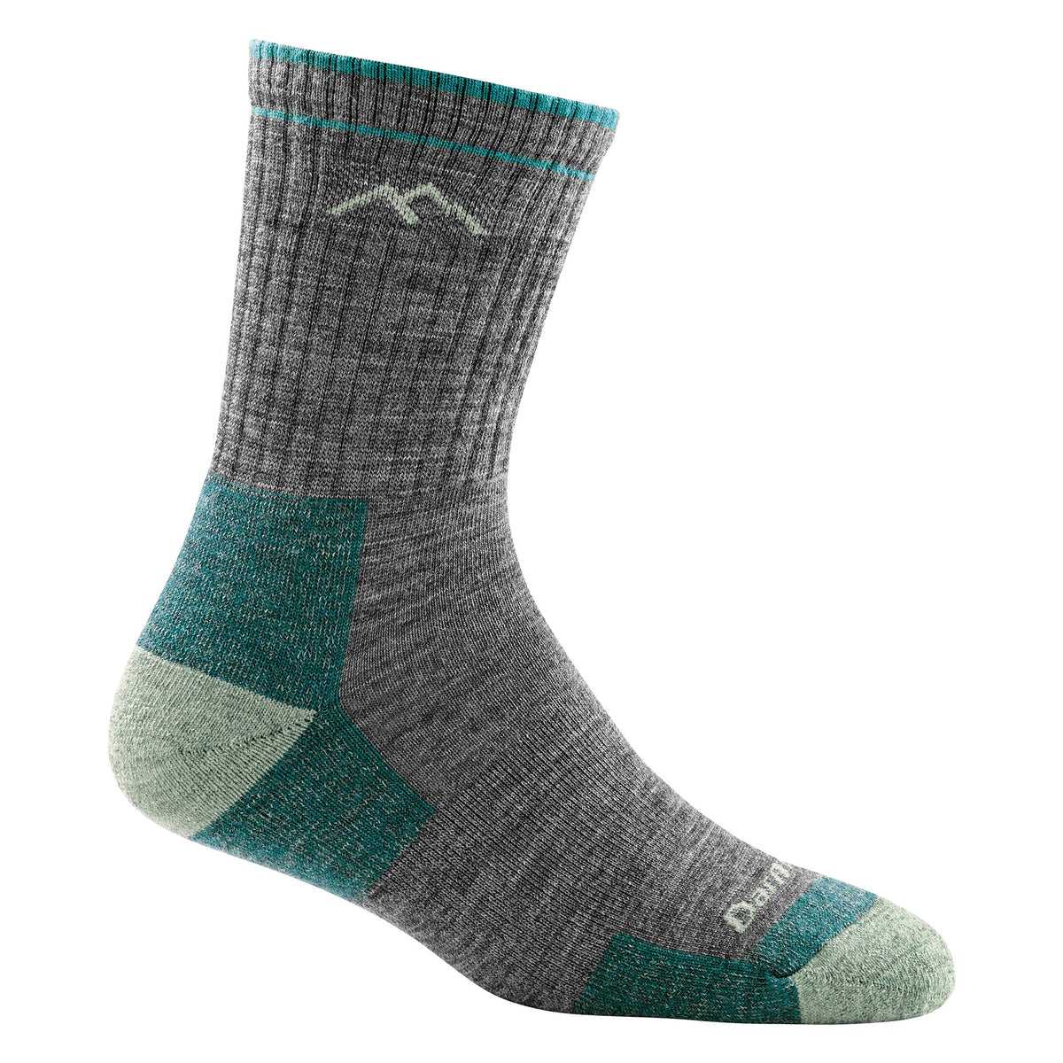 Gray micro crew hiking socks with teal accents and mountain logo