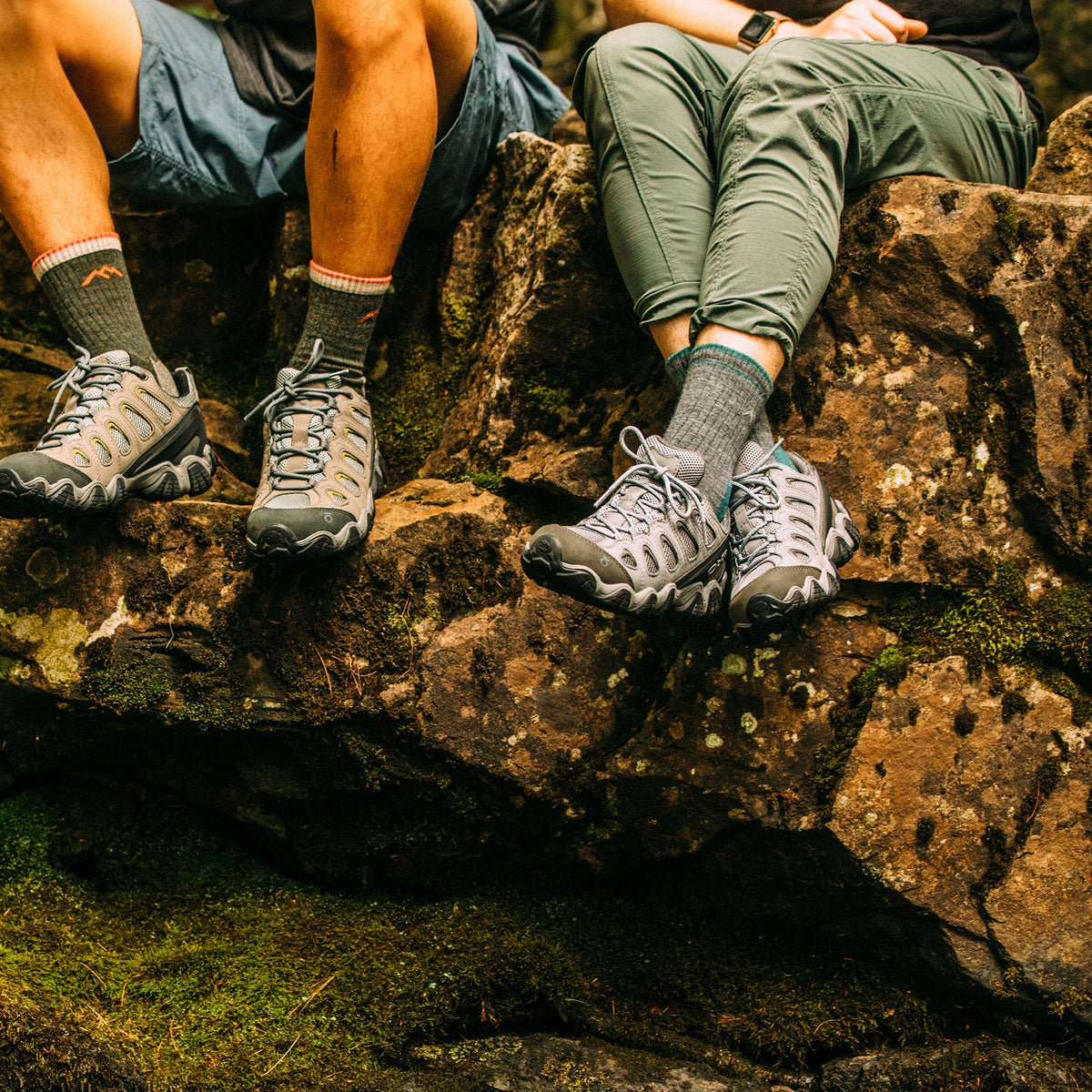 Teal and gray micro crew hiking socks with mountain logo detail