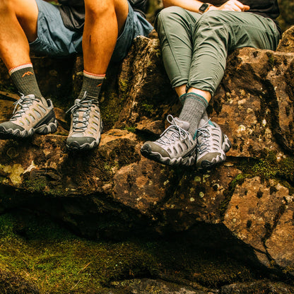 Teal and gray micro crew hiking socks with mountain logo detail