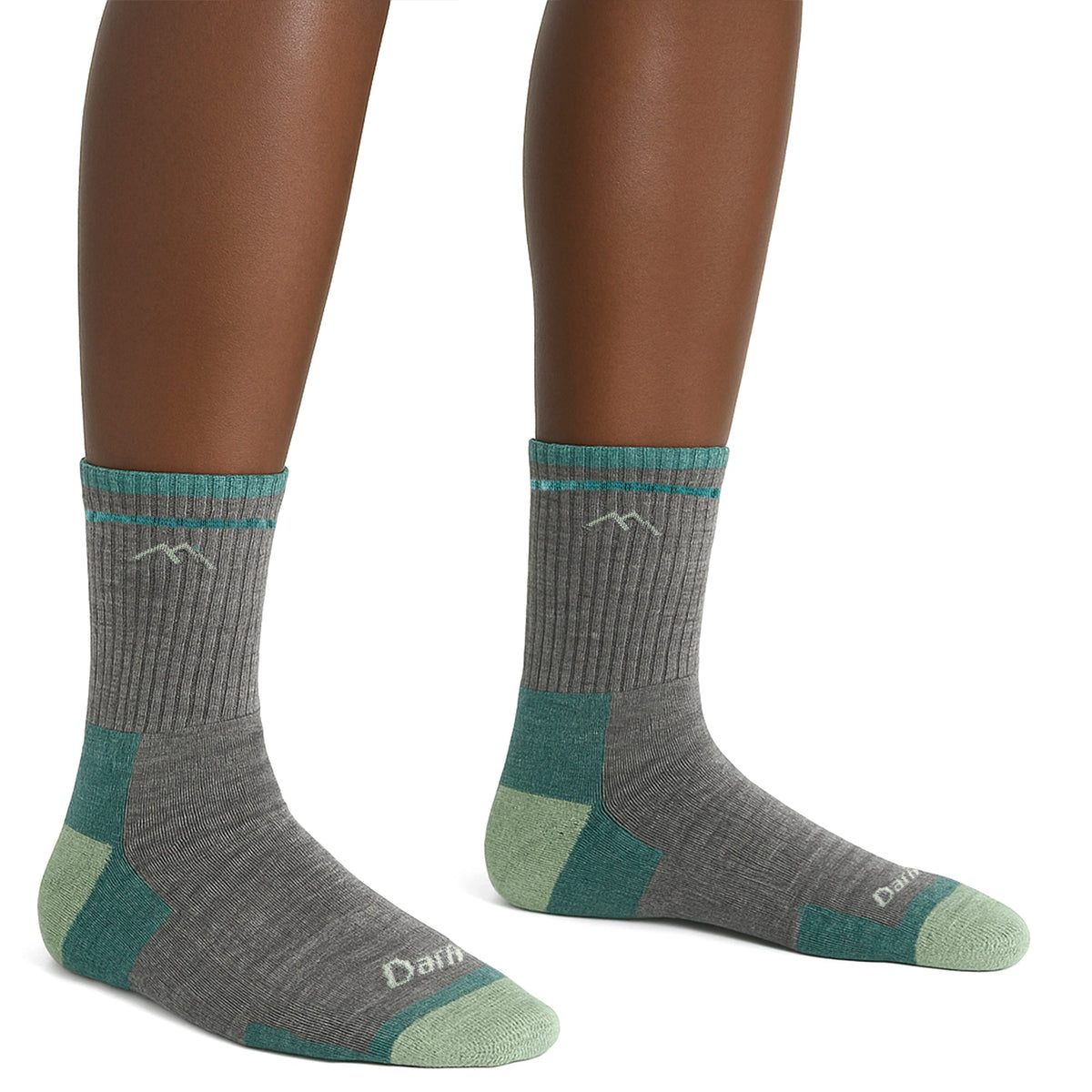 Gray micro crew hiking socks with teal and green panels, pair view