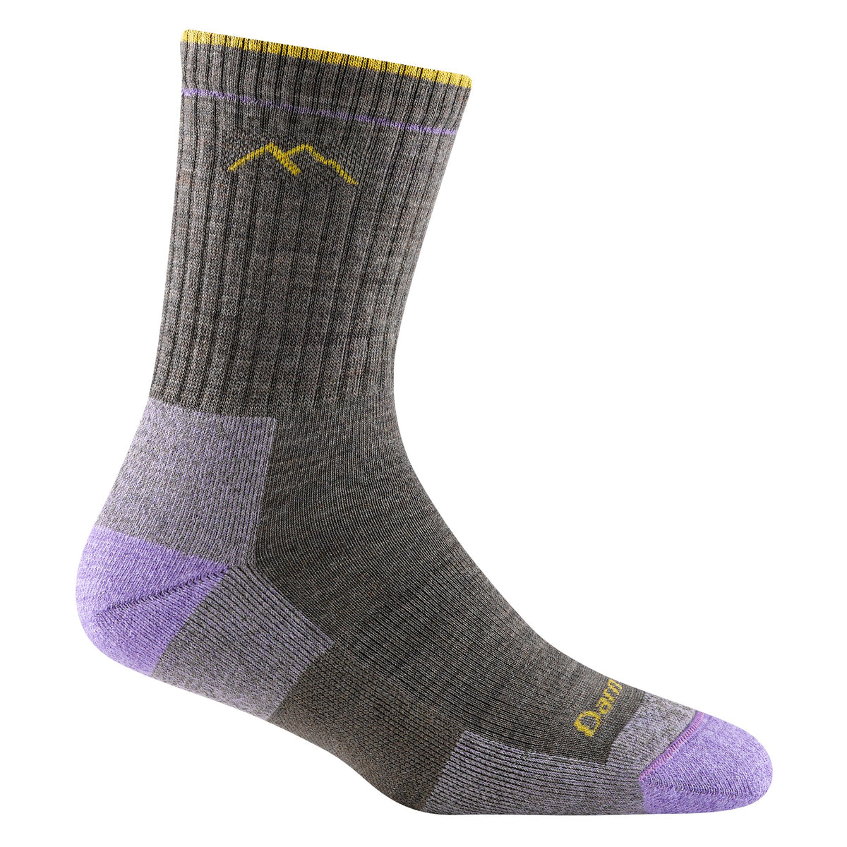 Micro crew hiking socks in dark gray with purple accents and yellow logo