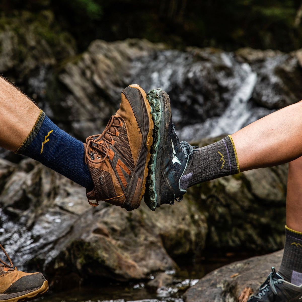 Micro crew hiking socks in blue with yellow logo and contrast heel/toe panels