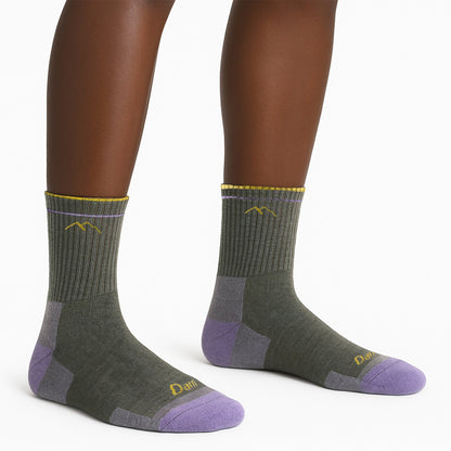 Micro crew hiking socks in dark olive green with purple heel/toe and yellow logo
