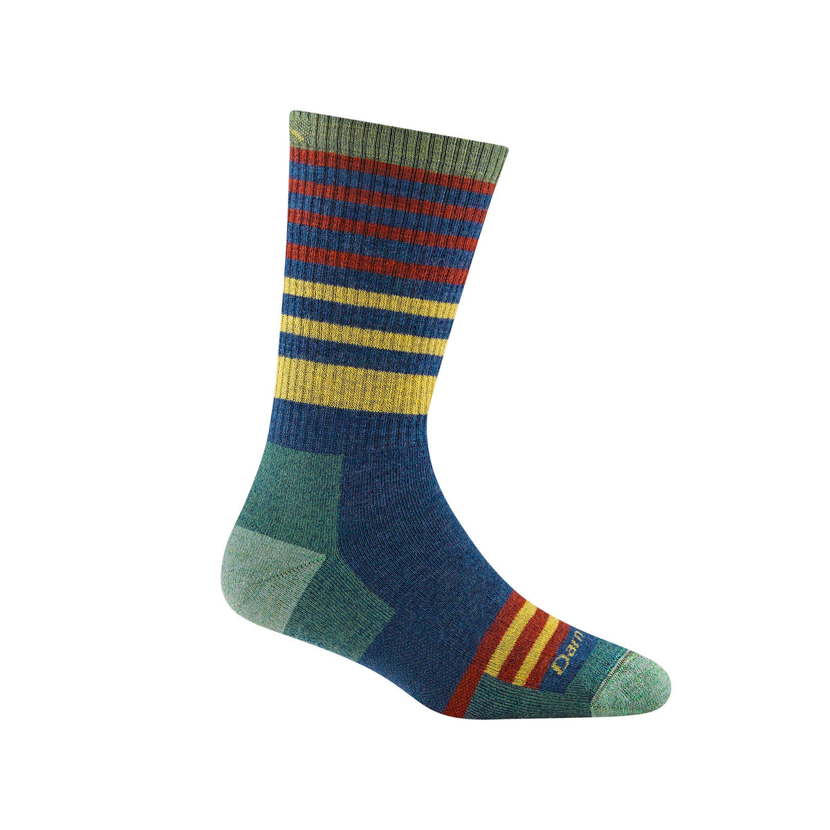 Midweight hiking merino wool socks, indigo blue with multicolor striped cuff and foot