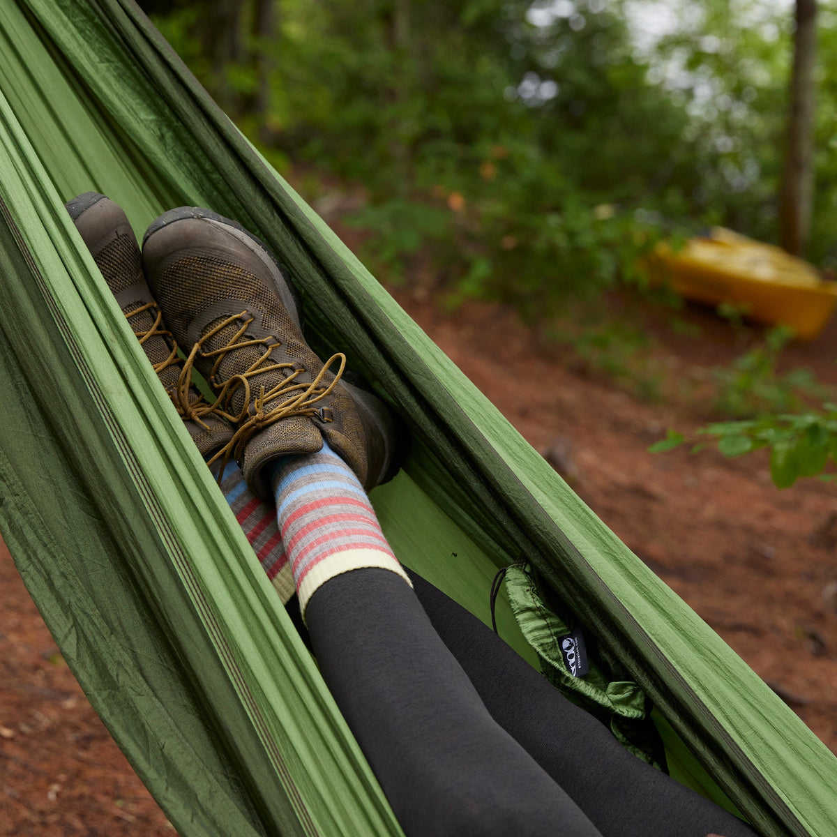 Midweight hiking merino wool socks, oatmeal beige striped with dark gray heel