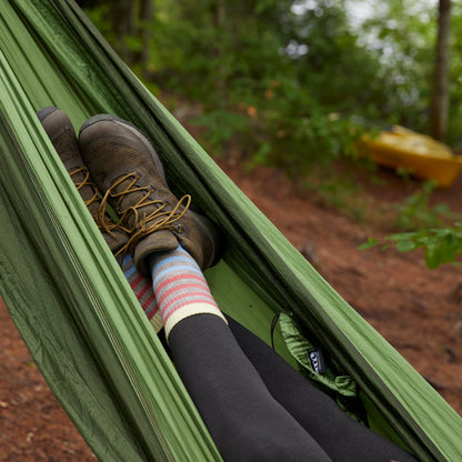 Midweight hiking merino wool socks, oatmeal beige striped with dark gray heel