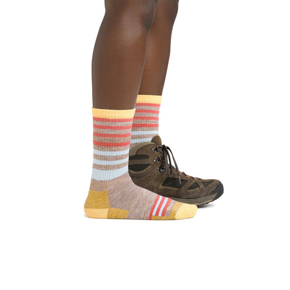 Midweight hiking merino wool socks, oatmeal beige with coral, blue and yellow stripes