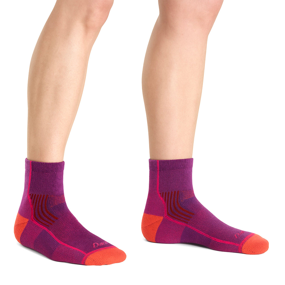Pair of berry merino ankle hiking socks with seamless knit and orange contrast bands