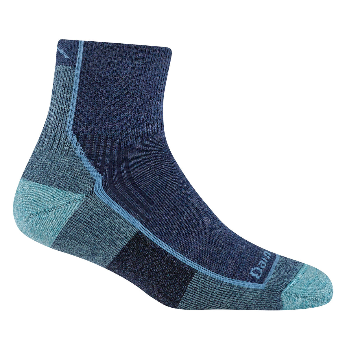 Blue merino ankle hiking socks with seamless knit and cushioned heel