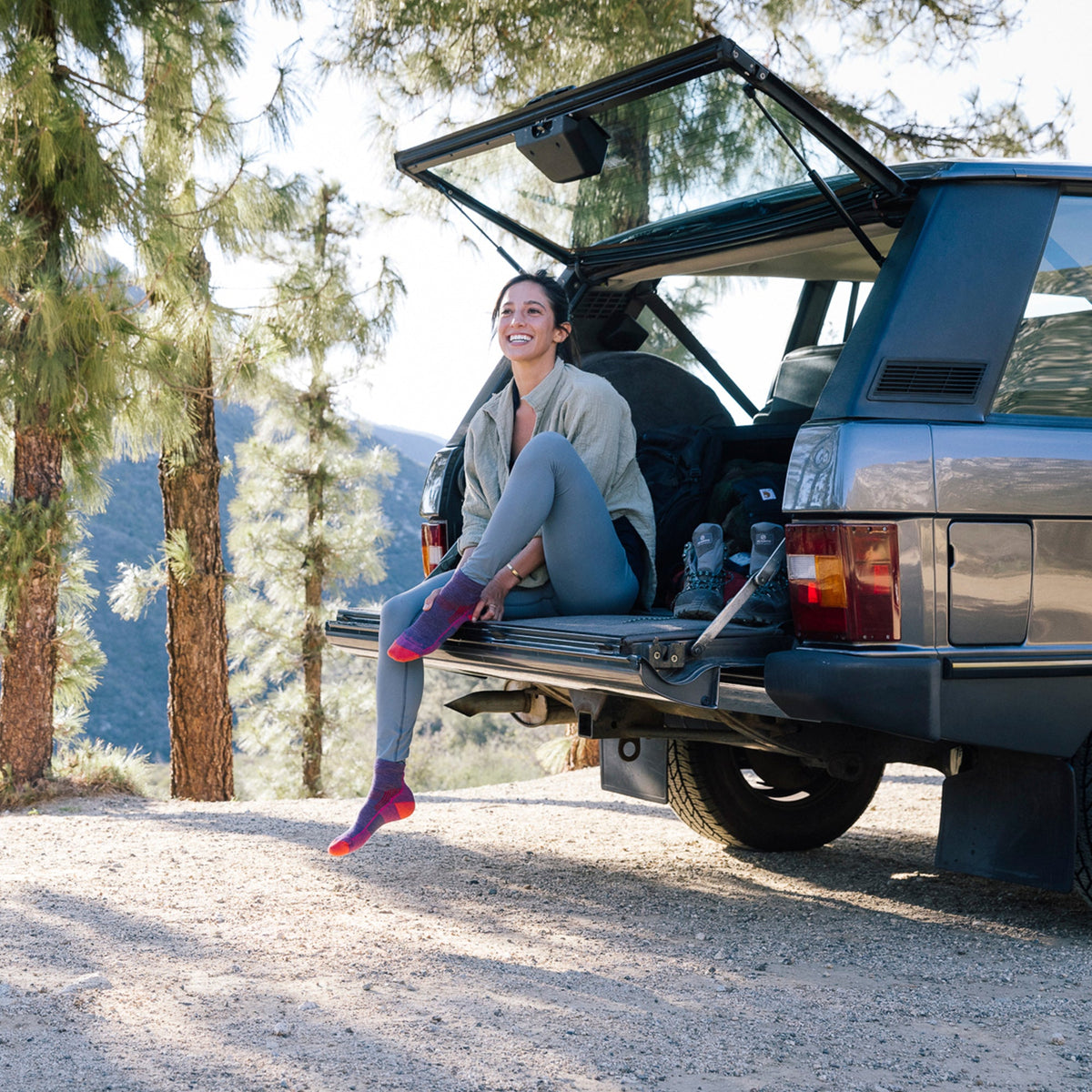 Sage merino ankle hiking socks with seamless knit and yellow contrast detailing